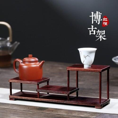 】 red wingceltis rich ancient frame solid wood antique Chinese teapot furnishing articles of handicraft tea shelf rack