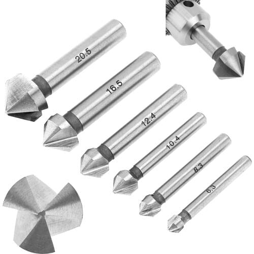 Round shank 6pcs/Set 3 Flute HSS Hard Metals natural color Three Edge Chamfer Chamfering End Mill Cutter Countersink Drill Bit