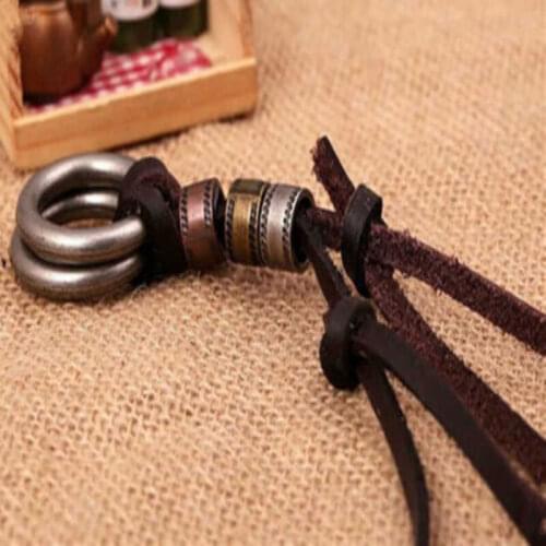 Fashion Unisex Retro Leather Cord Necklace Double Annulus Circle Charm Pendant Gladiator Choker Punk Style Alloy Jewelry Present