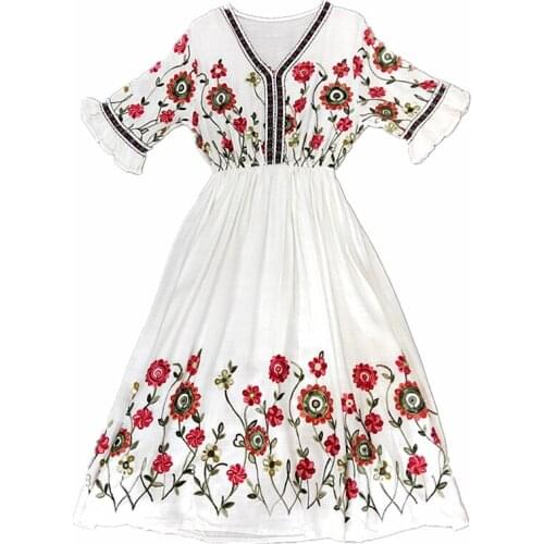PERHAPS U White Red Navy Blue Floral Embroidery V Neck Loose Holiday 3/4 Flare Sleeve Maxi Long Dress Bohemian Summer D1421