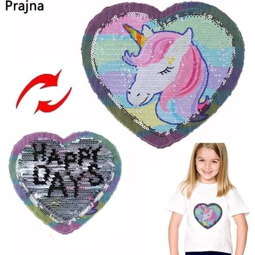 Prajna Love Heart Patch Reversible Sequin Patches For Clothing Sew On Embroidered Patches Stickers Stripes On Clothes Kids DIY