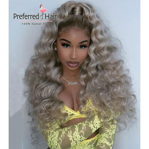 Preferred High Density Ash Blonde Curly Human Hair Wig Pre Plucked Remy Hair Ombre Lace Front Human Hair Wigs for Black Women