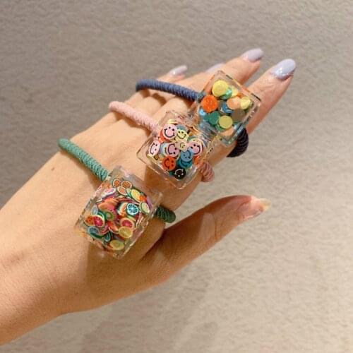 Smiley Hair Ties for Women Korean Sequined Square Hair Bands Girl Head Accessories