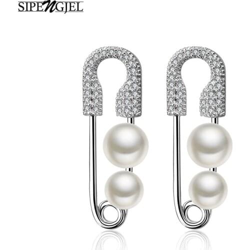 New Trendy Zirconia Geometric Safety Pin Earrings white Pearl Stud Earrings For Women Korean Jewelry серьги булавки 2020
