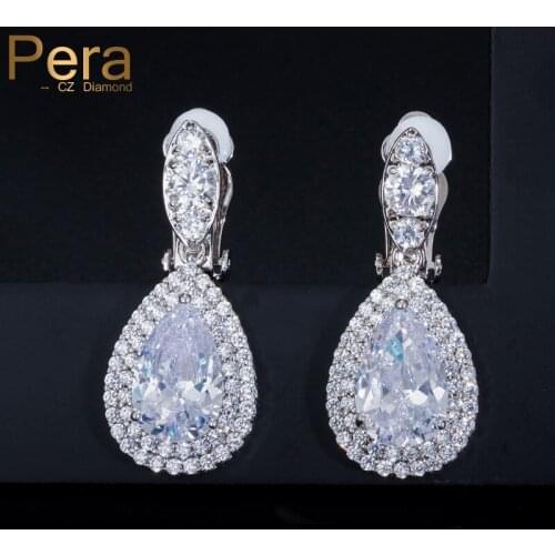 Pera Big Dangle Drop Cubic Zirconia Stone Women Clip on Earrings Without Piercing Jewelry For Non Pierced Ears E100