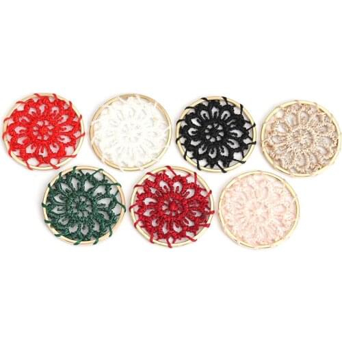 DoreenBeads Fashion Zinc Based Alloy & Cotton Connectors Round Gold Light Pink Multicolor Flower Woven Pattern 28mm Dia., 10 PCs