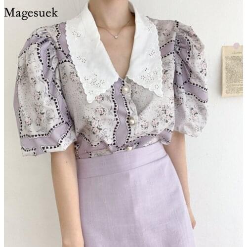 2021 Women Summer Puff Sleeve Floral Blouse Korean Vintage Print Shirt Women Fashion Embroidery Blouses Tops Blusas Mujer 15343