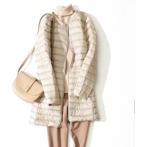 Womens Down Jacket Mid-Length White Duck Down Round Neck Long Sleeves Zipper Lightweight Warm Ladies Top Fashion Casual Styles