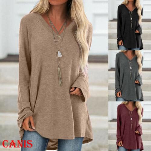 Women V-Neck Spring Autumn Loose Long Sleeve Blouse Ladies Casual Jumper Pullover Tops T-Shirt Pullover Shirt Gary Black Red