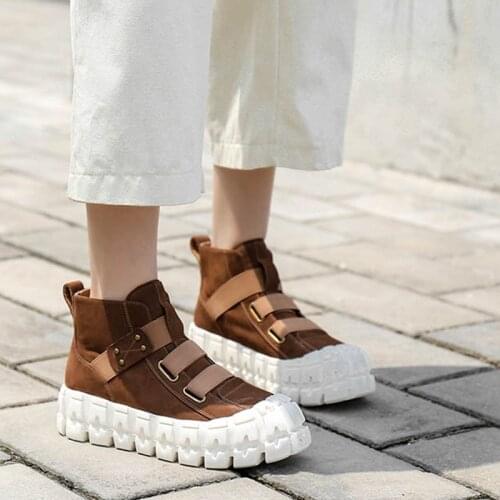 Birkuir 2021 New Women Boots Genuine Leather Elastic Band Round Toe Winter Wedges Handmade Ankle Boots Leisure Platform Boots