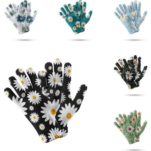 Unisex Winter Knitted Full Fingered Gloves Women Men Touch Screen Casual Knitting Mittens Fashion Daisy Thermal Wrist Gloves