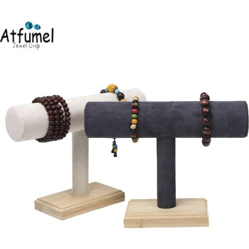 Bamboo Watch Jewelry Display Holder Necklace Bracelet Organizer T Bar Bangle Hairband Storage Stand Velvet Chain Jewelry Display