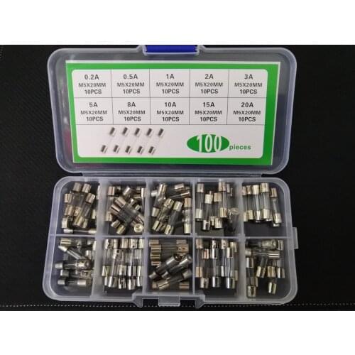 Free Ship 100PCS=10 Values * 10pcs 5*20mm Fuse kit box 0.2A/0.5A/1A/2A/3A/5A/8A/10A/15A/20A blown fuze Protect circuit safety