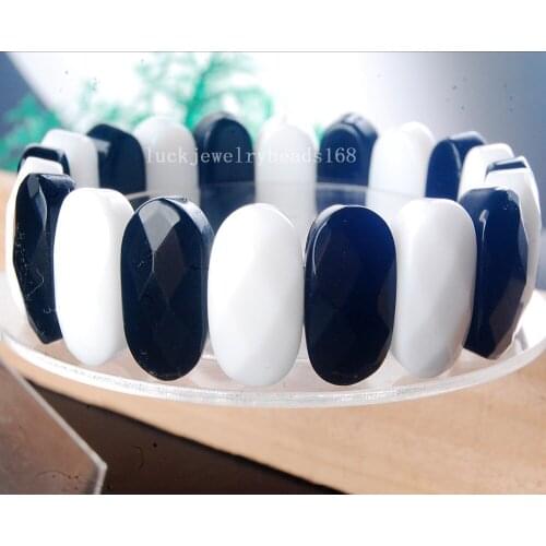 Free Shipping Fashion Jewelry 10x20mm White Black Cats Eye Art Oval Women Men Beads Elastic Bracelet 7.5" FG7581