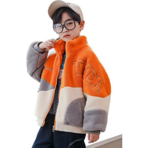 Children Winter Jacket Unisex Thicken Plush Coat Kids Mandarin Collar Short Jackets Fleece Splicing Tops Warm Zipper Outerwear