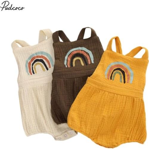 2020 Sweet Rainbow Infants Girls Romper 0-24M Backless Baby No-Sleeve Square Collar Pleated Crotch Buttons Cotton Linen Clothes