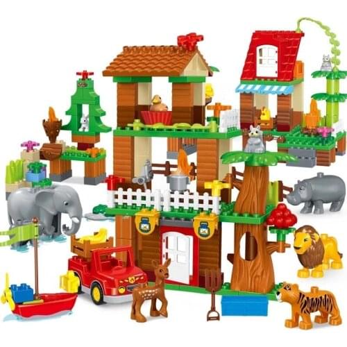 Wild Forest Elephant Lion Tiger Animal Figures Big Particles Building Blocks Compatible Duploe Enlighten Bricks Children Toys