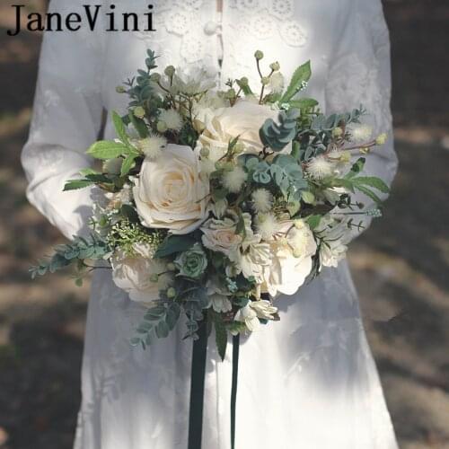 JaneVini Western Style Cream Wedding Bouquet for Bride Light Champagne Green Leaves Ribbon Bridal Flowers Bouquet Bloemboeket