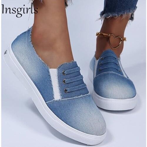 2021 Vulcanized Shoes Women Autumn New Denim Fabric Elastic Band Ladies Slip On Casual Sneakers 35-43 Large-Sized Canvas Shoes