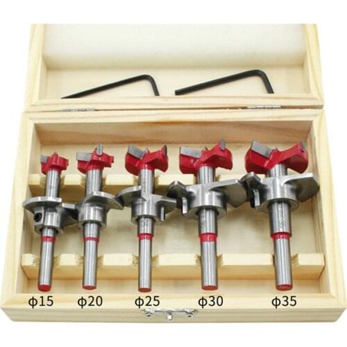 5Pcs Forstner Drill Bit Set 15 20 25 30 35mm Wood Auger Cutter Hexagon Wrench Woodworking Hole Saw For Power Tools