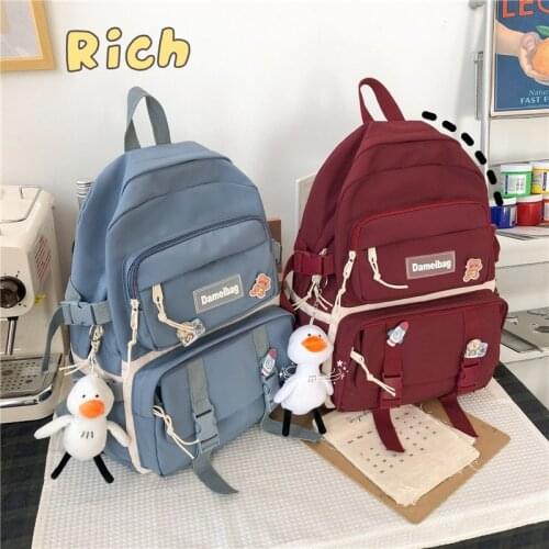 New Womens Backpack Solid Color Backpacks With Many Pockets Nylon School Bags Large-capacity Student School Backpack