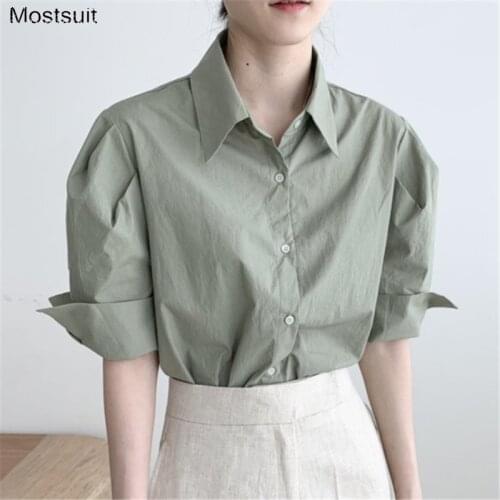 Solid Elegant Turn-down Collar Ladies Blouses Shirts 2021 Summer Single-breasted Loose Women Shirts Ladies Tops Blusas Mujer