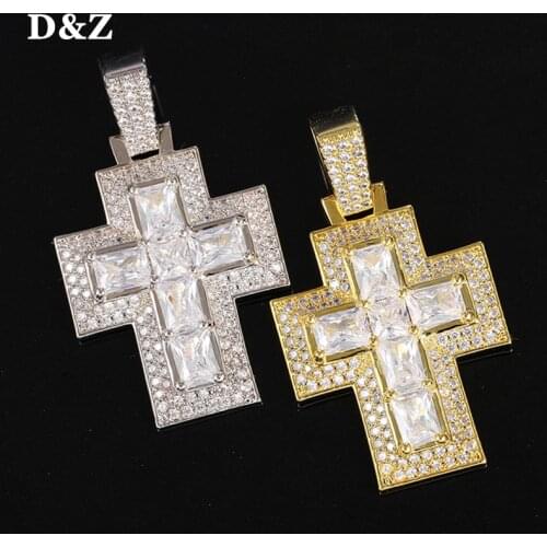 D&Z New Iced Baguette Cross Pendant &Necklace Iced Out Cubic Zircon Stones Gold Silver Color Hip Hop Charm Necklace Jewelry Gift