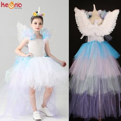 Pastel Rainbow Unicorn Tutu Dress for Girls Kid Fairy Party Costume Baby Girl Pony Birthday Halloween Tutu Dress with Train Tail