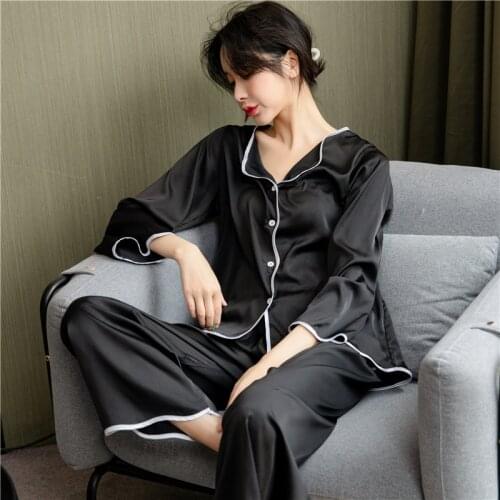 Fdfklak Black/White Pyjamas Women Satin Pajamas Sets Spring Summer Long Sleeve 2 Pcs Suit Casual Silk Home Clothing Sleepwear
