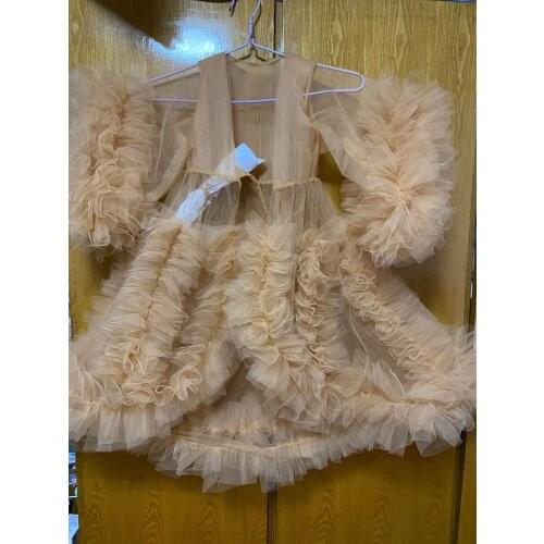 2021 Real Tulle Net Fluffy Sleeves Flower Girls Dresses Open Front Ruffle Kids Shawl Communion Gowns Child Girls Pageant Cape