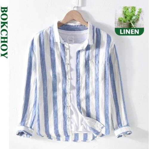 Pure Linen Striped Shirt Longsleeve Shirt for Men 2020 New