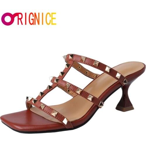 Orignice Luxury Genuine Leather Rivets High Heels Summer Gladiator Sandals Fashion Square Toe Slippers Ladies Party Dress Shoes