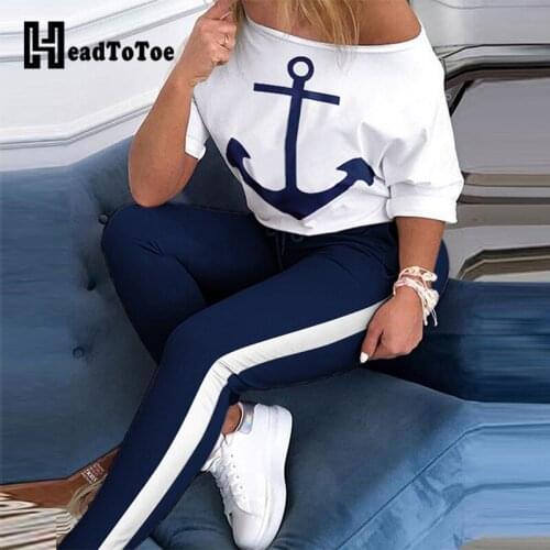 Skew Neck Half Sleeve Anchor Print Top & Colorblock Drawstring Pant Sets Women Casual Two Piece Set Top and Pants Outfits