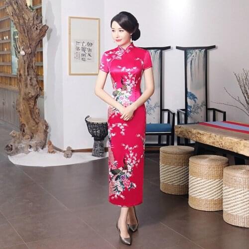Qipao Chinese Traditional Dress Women Slit Print Floral Silk Qipao Ao Dai Vietnam Cheongsam Dress Online Chinese Store DD1923