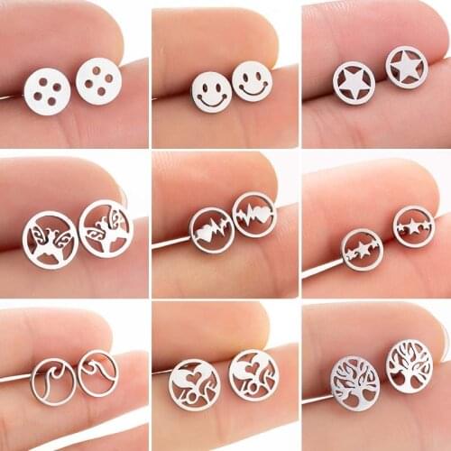 Unisex Stainless Steel Geometric Round Stud Earrings for Women Girls Cute Smile/Sea Wave/Tree/Star Ear Studs Piercing Jewelry