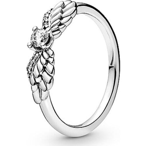 High Quality 925 Sterling Silver Pan Ring Cz White Zircon Bright Angel Wings Ring Birthday Gift