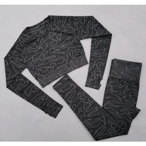 Jacquard Hollow Seamless Long Sleeve Fitness Long Sleeve Yoga Suit Active Wear Women 2 Piece Set Clothing Breathable Training