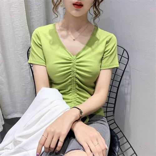 Womens Short Sleeve V-Neck Tee Shirts Plus Size Drawstring Folds Tops Cotton Soft Slim T-shirt New Fashion Plus Size M-7XL
