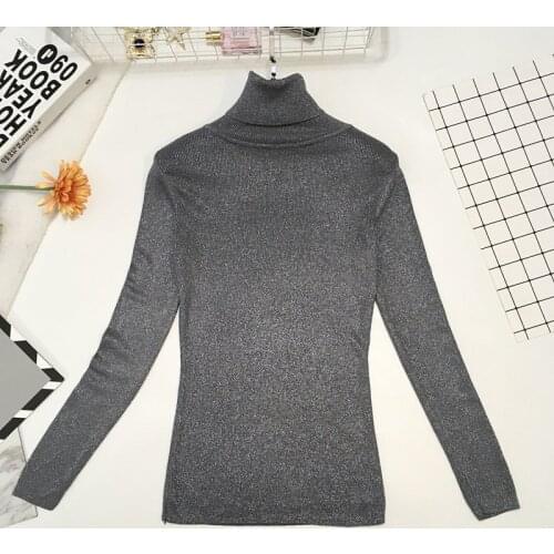 Autumn Winter Fashion Wild Turtleneck Gray Knit Sweater Female Gold Silk Long-sleeve Slim Stretch Pullover Sweater Women