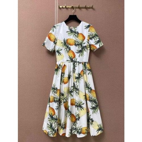 Runway Designer Summer Midi Dress Womens Elegant Pineapple Print O-Neck Short Sleeves Empire Bohemian Holiday Dresses