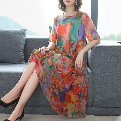 2021 Summer High Quality Mulberry Silk Beach Dress Vintage 4XL Plus Size Print Runway Midi Dress Elegant Women Bodycon Vestidos