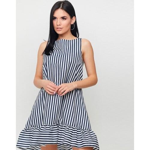 Women Vintage Striped Printed Bandage A-line Party Dress Sleeveless O necl Ruffled Casual Mini Dress 2021 Summer Fashion Dress