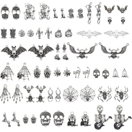 10pairs/pack Halloween Charm Includes Ghost Skull Spider Bat Cat Antique silver Color charms for earring necklace pendant Party