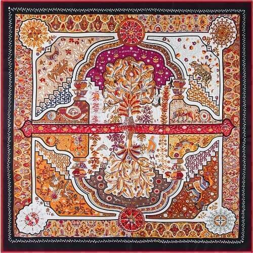 130cm LuxuryBrandShawl 100% Twill Silk Scarf Floral Reflection Square Scarves Kerchief Woman Bandana Wraps Hijab Beach Cover Ups