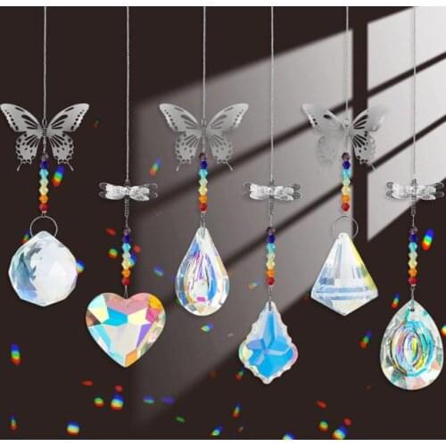 AB Color Crystal Sun Catcher Garden Decor Window Butterfly Dragonfly Hanging Prism Rainbow Maker Beaded Chandelier Pendant 50pcs