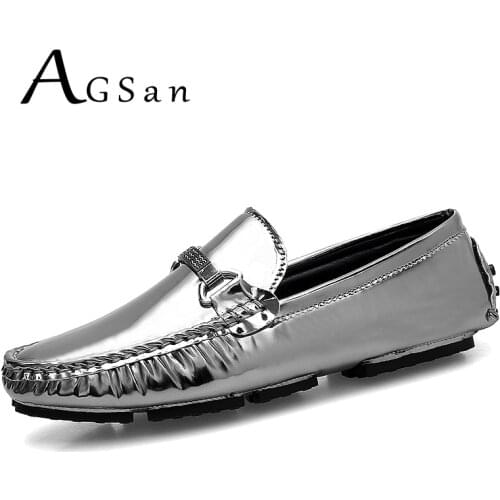AGSan Men Loafers Moccasins Fashion Silver Loafers for Men PU Slip On Driving Shoes Blue Black Mocassim Masculino Flats Male