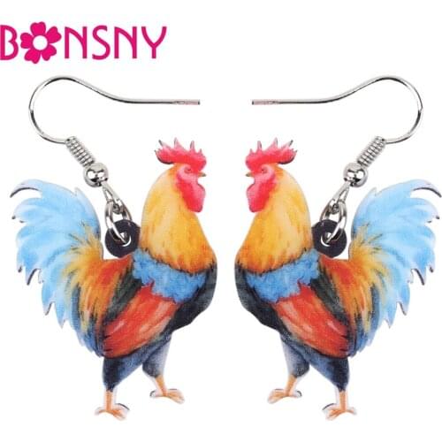 Bonsny Acrylic Cartoon Lovely Chicken Rooster Earrings Big Long Dangle Drop Farm Animal Jewelry For Girl Women Ladies Teens Gift