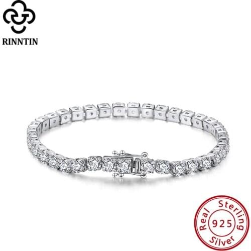 Rinntin 925 Sterling Silver Tennis Bracelet Women with 4mm Luxury Cubic Zirconia Bling Bracelet Men Hip Hop Jewerly Gift SB95