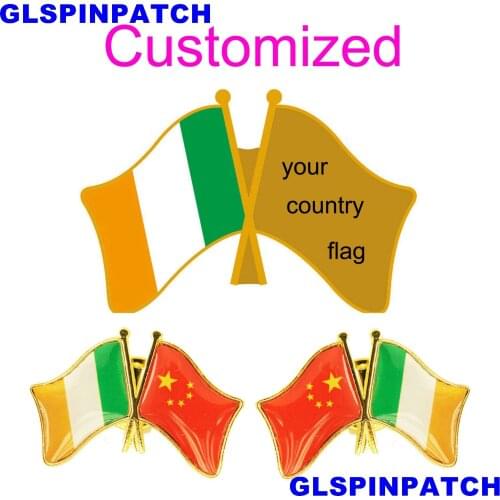 Ireland Crossed Friendship Flag Double Country lapel pin Brooch USA UK France Chile Russia Saudi Arabia Japan Spain Badge