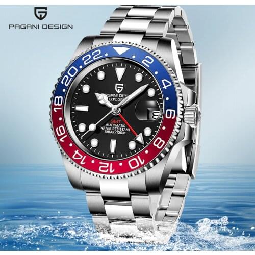 40mm PAGANI DESIGN Black Dial Luminous Sapphire Ceramic Bezel GMT Luxury Automatic Brand Mechanical Mens Waterproof Watch Clock
